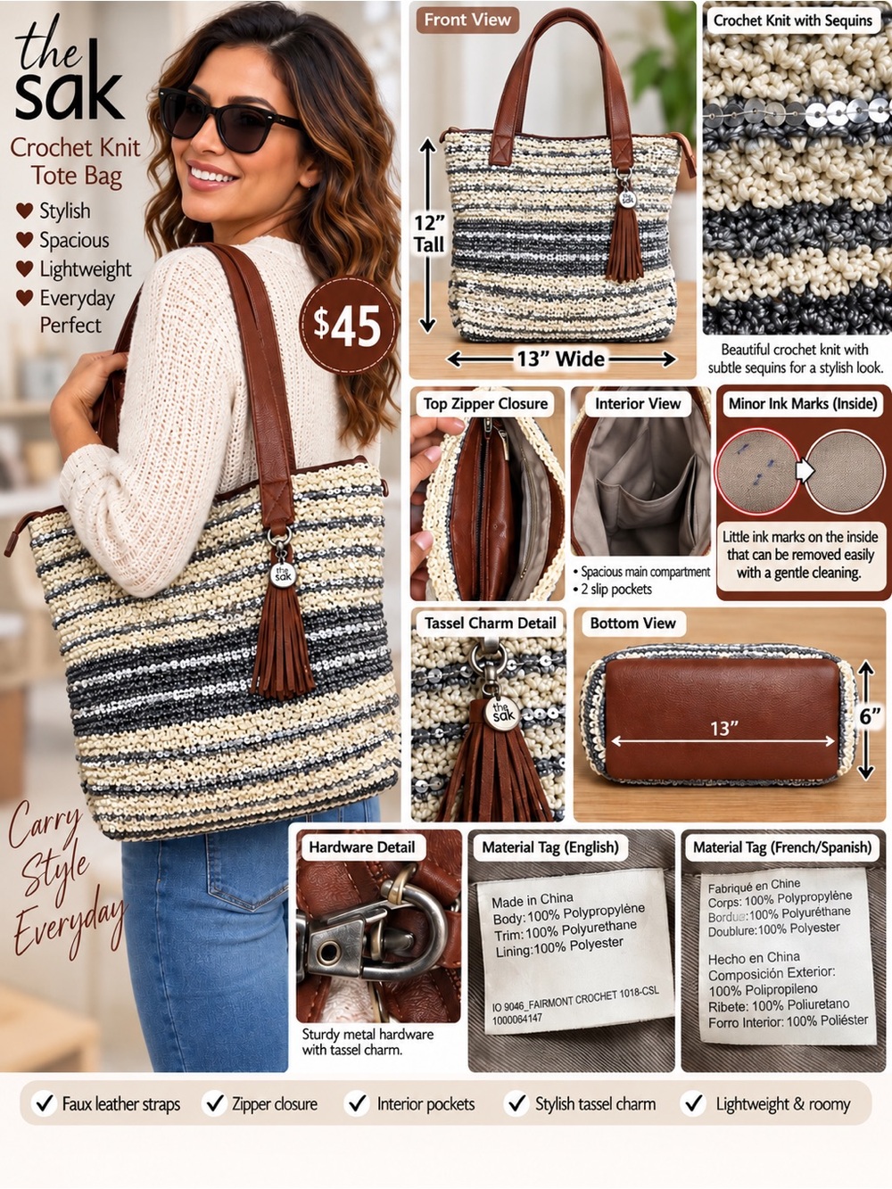 The Sak Crochet Knit Tote Bag in Cream, Black & Brown with Tassel